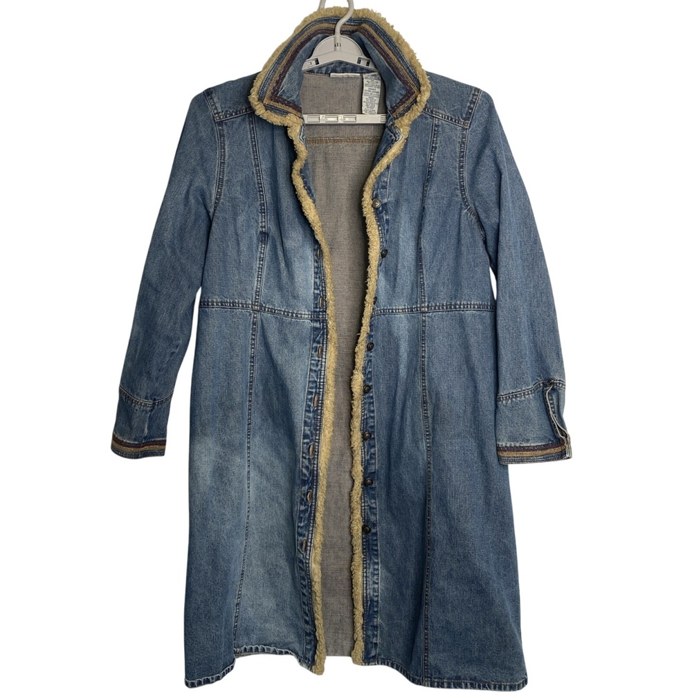 Faded Glory Womens XL Denim Duster Coat Faux Shearling Trim Embroidered Blue
